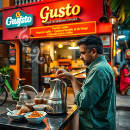 A man preparing traditional Kerala style chai in front of a cafe named 'Gusto', with vibrant colors emphasizing the scene