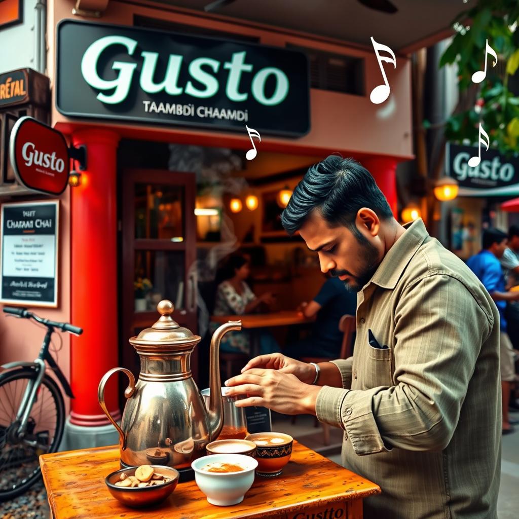 A man preparing traditional Kerala style chai in front of a cafe named 'Gusto', with vibrant colors emphasizing the scene