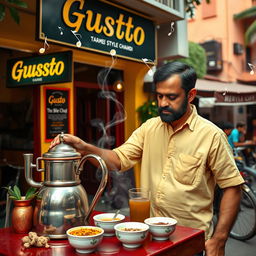 A man preparing traditional Kerala style chai in front of a cafe named 'Gusto', with vibrant colors emphasizing the scene
