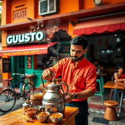 A man preparing traditional Kerala style chai in front of a cafe named 'Gusto', with vibrant colors emphasizing the scene