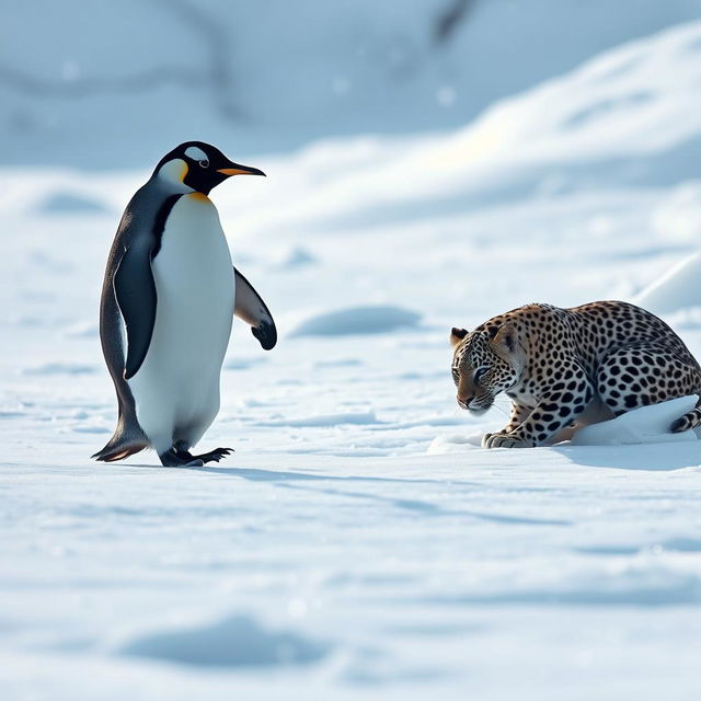 A penguin waddling across a pristine icy terrain, its deferent gaze intently focused on a leopard that is crouching in the snow, ready to pounce