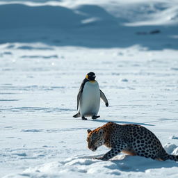 A penguin waddling across a pristine icy terrain, its deferent gaze intently focused on a leopard that is crouching in the snow, ready to pounce