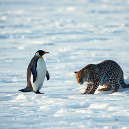 A penguin waddling across a pristine icy terrain, its deferent gaze intently focused on a leopard that is crouching in the snow, ready to pounce