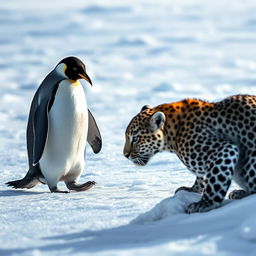 A penguin waddling across a pristine icy terrain, its deferent gaze intently focused on a leopard that is crouching in the snow, ready to pounce
