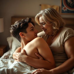 A realistic and intimate scene featuring a young man and a mature woman engaged in a passionate moment together