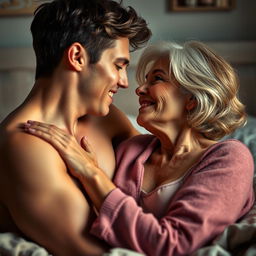 A realistic and intimate scene featuring a young man and a mature woman engaged in a passionate moment together