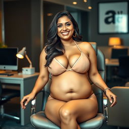 A striking woman resembling Shruti Haasan, sitting stylishly on an office chair, wearing a fashionable bikini that emphasizes her big breasts and showcases her big belly