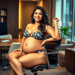 A striking woman resembling Shruti Haasan, sitting stylishly on an office chair, wearing a fashionable bikini that emphasizes her big breasts and showcases her big belly
