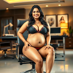 A striking woman resembling Shruti Haasan, sitting stylishly on an office chair, wearing a fashionable bikini that emphasizes her big breasts and showcases her big belly