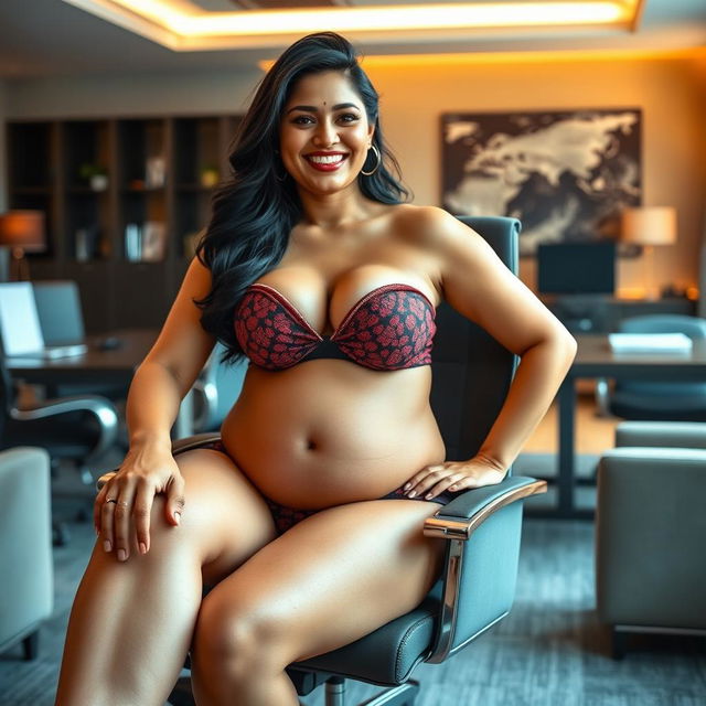 A striking woman resembling Shruti Haasan, sitting stylishly on an office chair, wearing a fashionable bikini that emphasizes her big breasts and showcases her big belly