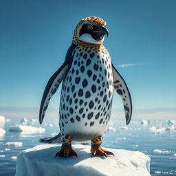 A striking hybrid penguin adorned with leopard spots and piercing green eyes, standing confidently on an iceberg