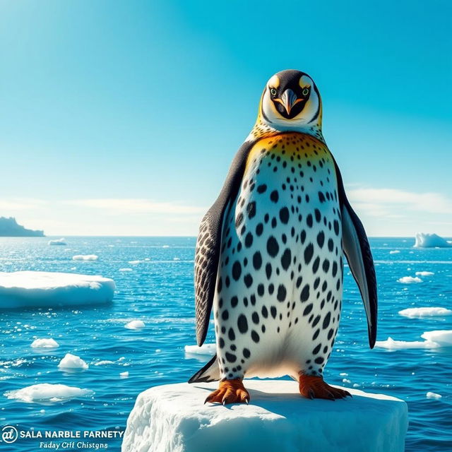 A striking hybrid penguin adorned with leopard spots and piercing green eyes, standing confidently on an iceberg