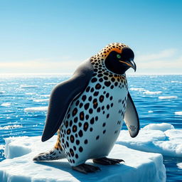 A striking hybrid penguin adorned with leopard spots and piercing green eyes, standing confidently on an iceberg