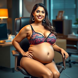 A stunning woman resembling Shruti Haasan, comfortably sitting on a modern office chair, wearing an eye-catching bikini that emphasizes her big breasts and showcases her voluptuous big belly