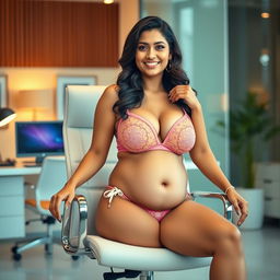 A stunning woman resembling Shruti Haasan, comfortably sitting on a modern office chair, wearing an eye-catching bikini that emphasizes her big breasts and showcases her voluptuous big belly