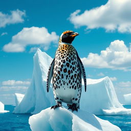 A striking hybrid penguin adorned with leopard spots and piercing green eyes, standing confidently on a towering iceberg