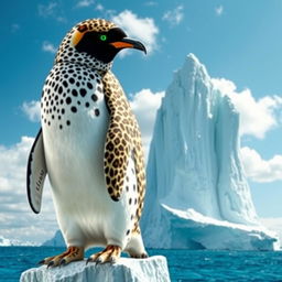 A striking hybrid penguin adorned with leopard spots and piercing green eyes, standing confidently on a towering iceberg