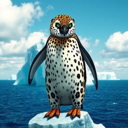 A striking hybrid penguin adorned with leopard spots and piercing green eyes, standing confidently on a towering iceberg
