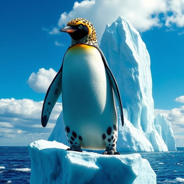 A striking hybrid penguin adorned with leopard spots and piercing green eyes, standing confidently on a towering iceberg