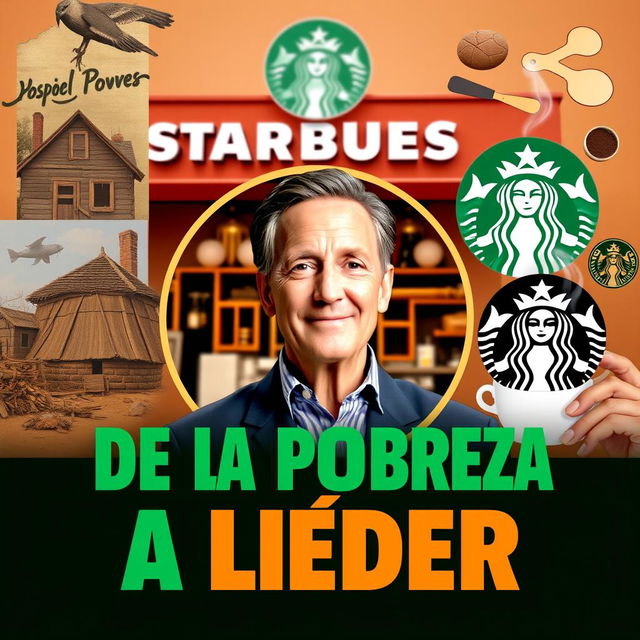 A vibrant and engaging thumbnail featuring Howard Schultz at the center, surrounded by a background representing a Starbucks coffee shop