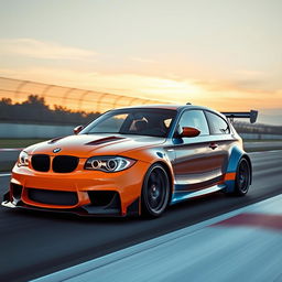 A stunning cinematic shot capturing a time attack modified BMW 1 Series E87 5-door hatchback, showcasing its aggressive aerodynamics and vibrant paint job