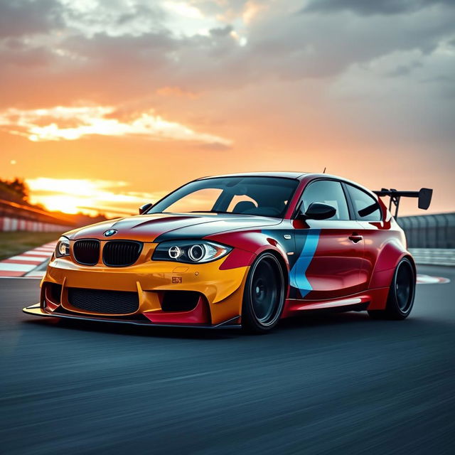A stunning cinematic shot capturing a time attack modified BMW 1 Series E87 5-door hatchback, showcasing its aggressive aerodynamics and vibrant paint job