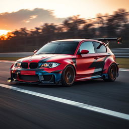 A stunning cinematic shot capturing a time attack modified BMW 1 Series E87 5-door hatchback, showcasing its aggressive aerodynamics and vibrant paint job