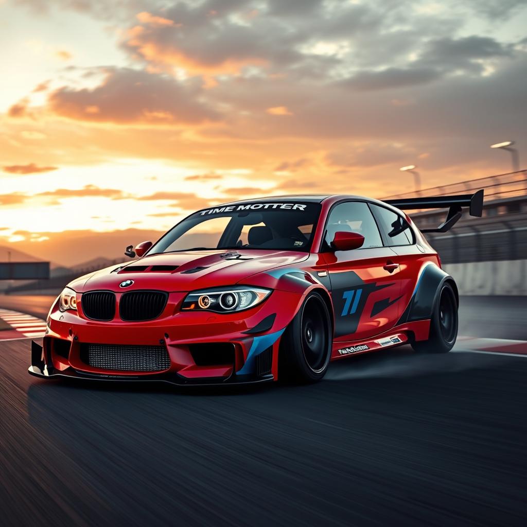 A stunning cinematic shot capturing a time attack modified BMW 1 Series E87 5-door hatchback, showcasing its aggressive aerodynamics and vibrant paint job