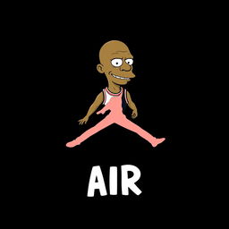 A creative illustration of Michael Jordan in a stylized form resembling the iconic Jordan logo but with a face inspired by the characters from The Simpsons, maintaining his natural skin tone