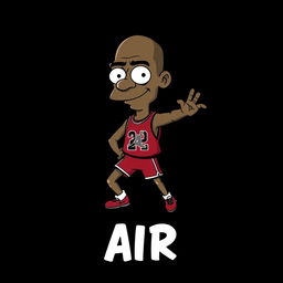 A creative illustration of Michael Jordan in a stylized form resembling the iconic Jordan logo but with a face inspired by the characters from The Simpsons, maintaining his natural skin tone