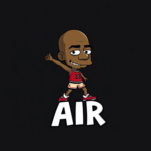 A creative illustration of Michael Jordan in a stylized form resembling the iconic Jordan logo but with a face inspired by the characters from The Simpsons, maintaining his natural skin tone