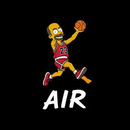 A vibrant illustration of Michael Jordan depicted in a pose that resembles the iconic Jordan logo, styled with a face inspired by The Simpsons, while keeping his natural skin tone