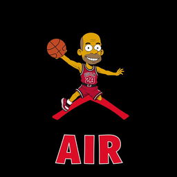 A vibrant illustration of Michael Jordan depicted in a pose that resembles the iconic Jordan logo, styled with a face inspired by The Simpsons, while keeping his natural skin tone