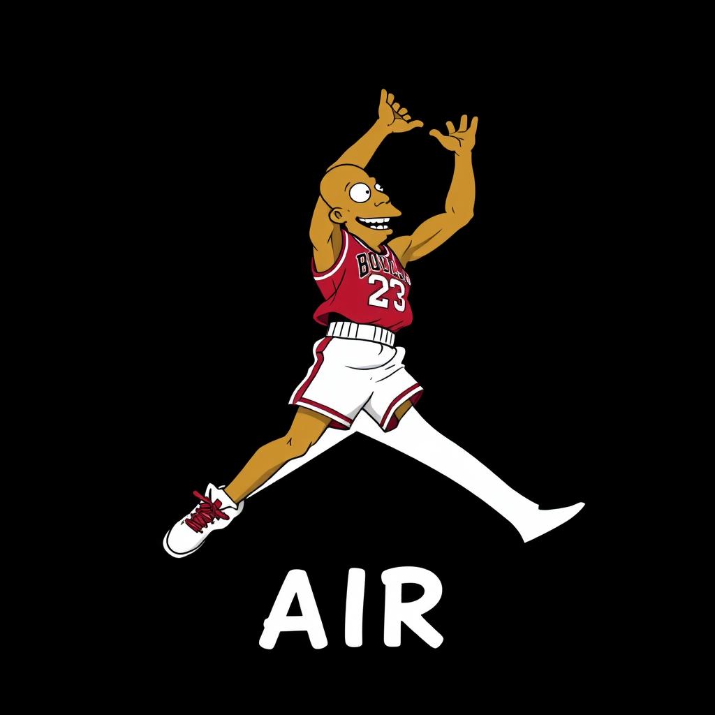 A vibrant illustration of Michael Jordan depicted in a pose that resembles the iconic Jordan logo, styled with a face inspired by The Simpsons, while keeping his natural skin tone