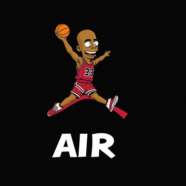 A vibrant illustration of Michael Jordan depicted in a pose that resembles the iconic Jordan logo, styled with a face inspired by The Simpsons, while keeping his natural skin tone