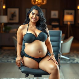 A confident woman resembling Shruti Haasan, elegantly seated on a contemporary office chair, wearing a stylish bikini that accentuates her big breasts and beautifully highlights her big belly