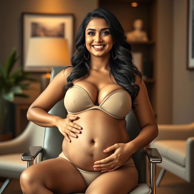 A confident woman resembling Shruti Haasan, elegantly seated on a contemporary office chair, wearing a stylish bikini that accentuates her big breasts and beautifully highlights her big belly