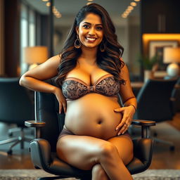 A confident woman resembling Shruti Haasan, elegantly seated on a contemporary office chair, wearing a stylish bikini that accentuates her big breasts and beautifully highlights her big belly