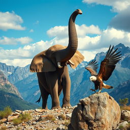 A majestic massive elephant raising its trunk high in a breathtaking mountainous landscape