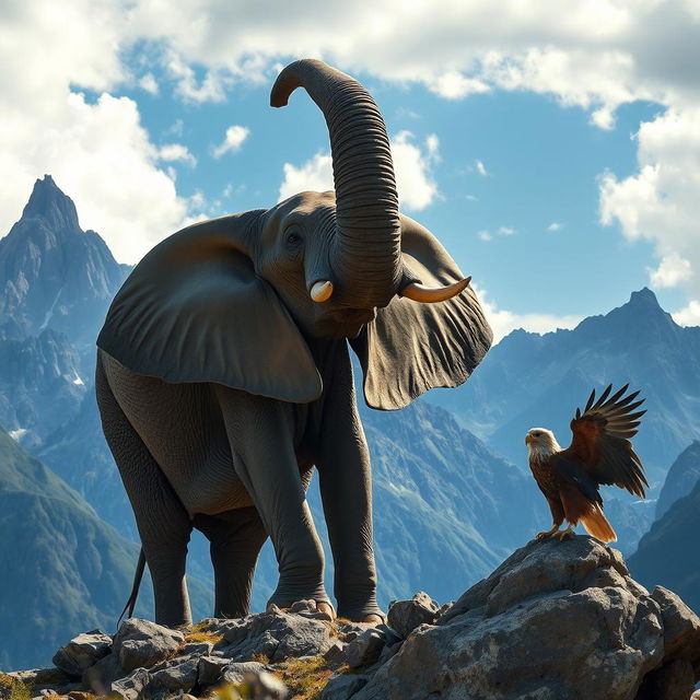 A majestic massive elephant raising its trunk high in a breathtaking mountainous landscape