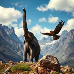 A majestic massive elephant raising its trunk high in a breathtaking mountainous landscape