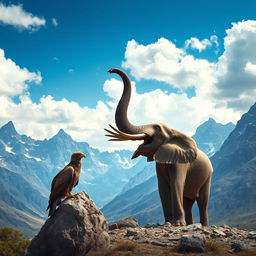 A majestic massive elephant raising its trunk high in a breathtaking mountainous landscape