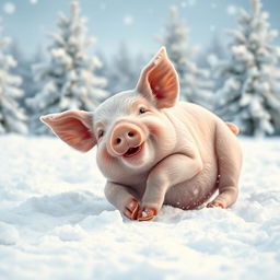 A cute, small pig joyfully playing in a snowy landscape