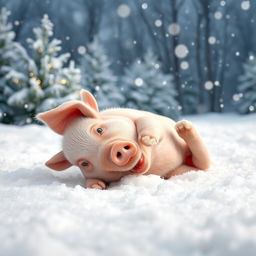 A cute, small pig joyfully playing in a snowy landscape