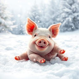 A cute, small pig joyfully playing in a snowy landscape