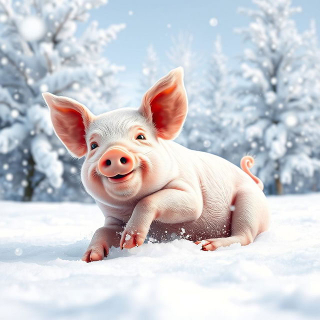 A cute, small pig joyfully playing in a snowy landscape