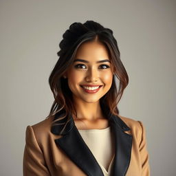 a striking portrait of a beautiful woman standing confidently in a minimalist, high-contrast environment, her hair elegantly styled and radiant skin glowing under soft, diffused lighting