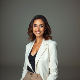 a striking portrait of a beautiful woman standing confidently in a minimalist, high-contrast environment, her hair elegantly styled and radiant skin glowing under soft, diffused lighting