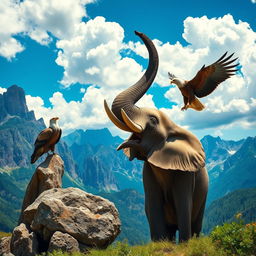 A colossal elephant raising its trunk high in a breathtaking mountainous landscape, exuding majesty and strength
