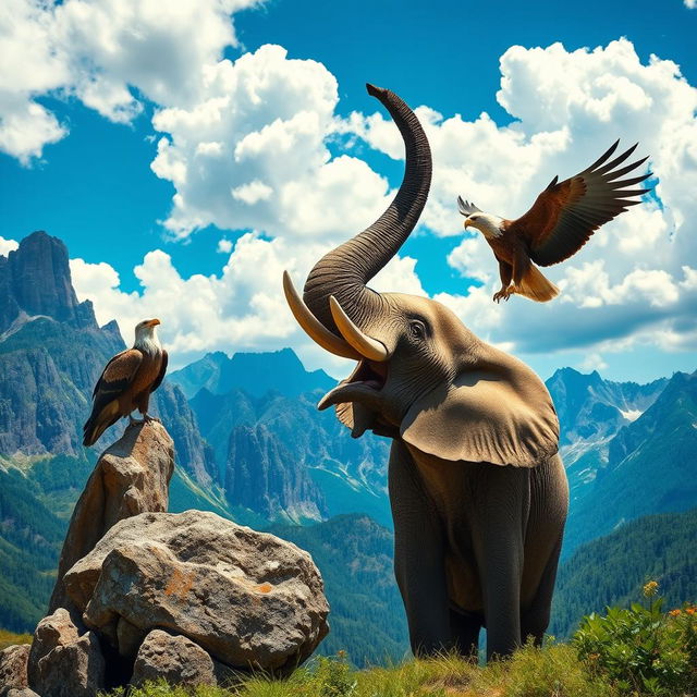 A colossal elephant raising its trunk high in a breathtaking mountainous landscape, exuding majesty and strength